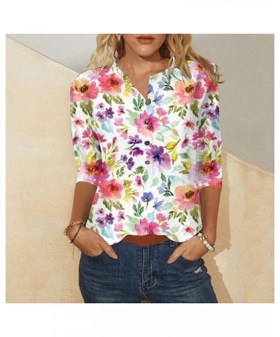 Womens 2024 Summer Tops Floral Printed Casual Button Round Neck 3/4 Sleeve Tshirts Ladies Loose Blouse Tunic Tops Pink $5.93 ...