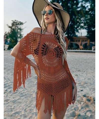 Women's Swimsuit Coverups Crochet Hollow Out Long Sleeve Beach Swimsuit Bathing Suit Tassel Dress Coverups Brown $13.49 Swims...