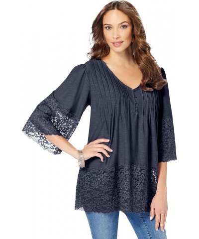 Women's Plus Size Lace-Hem Pintuck Tunic Navy $27.23 Tops