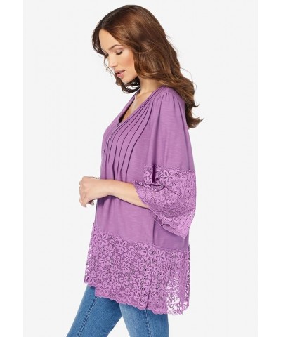 Women's Plus Size Lace-Hem Pintuck Tunic Navy $27.23 Tops