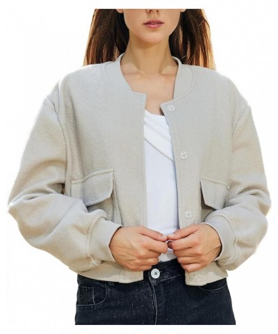 Women's Fashion Bomber Jacket Wool Blend Jacket Casual Button Varsity Jacket Beige Grey $18.19 Jackets