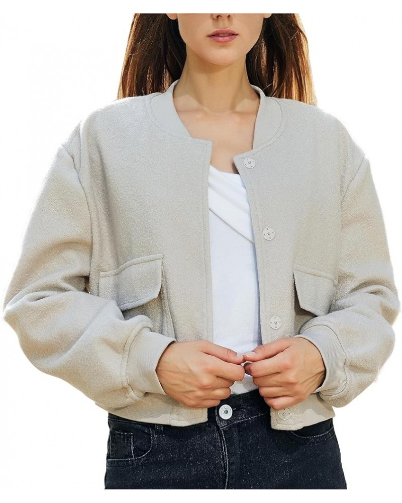 Women's Fashion Bomber Jacket Wool Blend Jacket Casual Button Varsity Jacket Beige Grey $18.19 Jackets