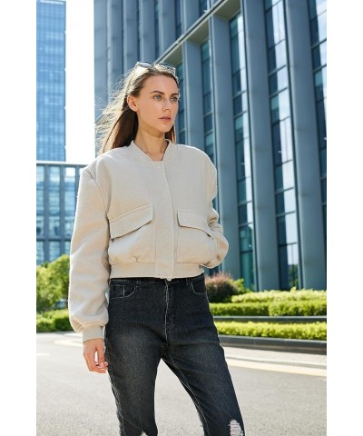 Women's Fashion Bomber Jacket Wool Blend Jacket Casual Button Varsity Jacket Beige Grey $18.19 Jackets