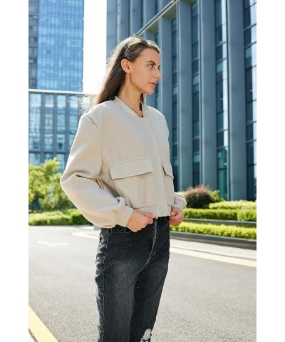 Women's Fashion Bomber Jacket Wool Blend Jacket Casual Button Varsity Jacket Beige Grey $18.19 Jackets