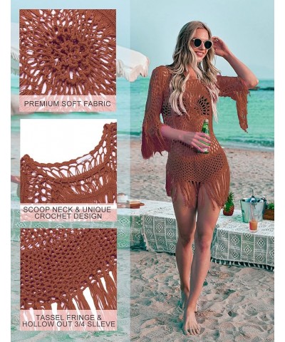 Women's Swimsuit Coverups Crochet Hollow Out Long Sleeve Beach Swimsuit Bathing Suit Tassel Dress Coverups Brown $13.49 Swims...