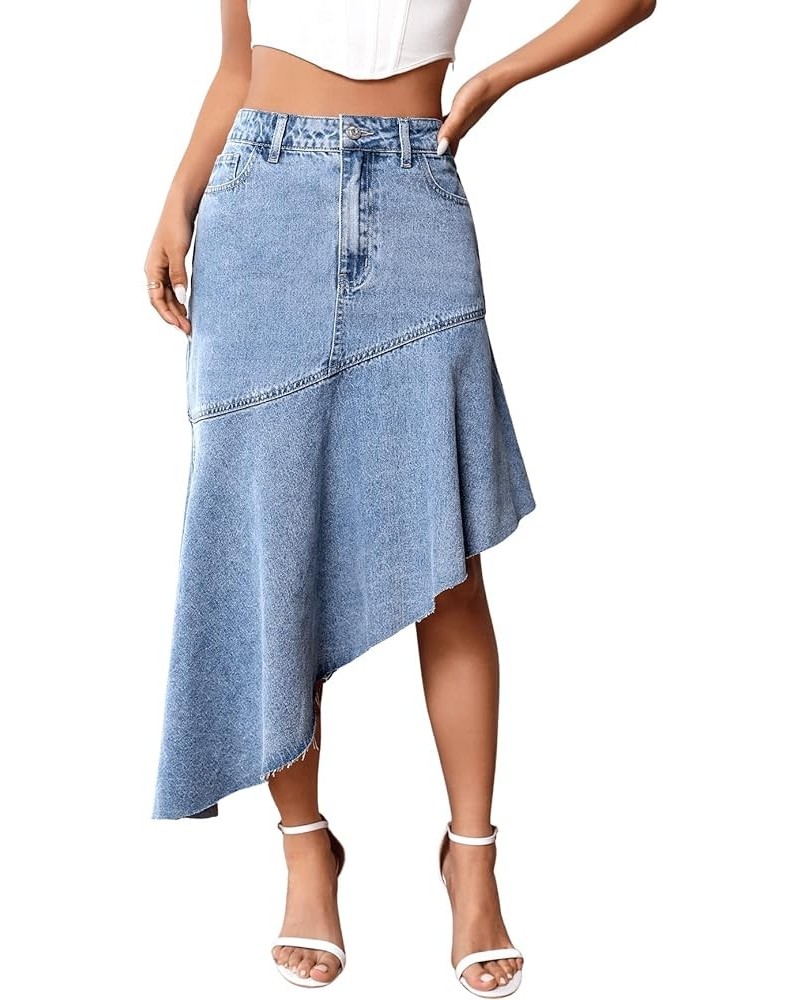 Women's Casual High Waist Asymmetrical Raw Hem Button Front Long Denim Skirts Light Wash $18.89 Skirts