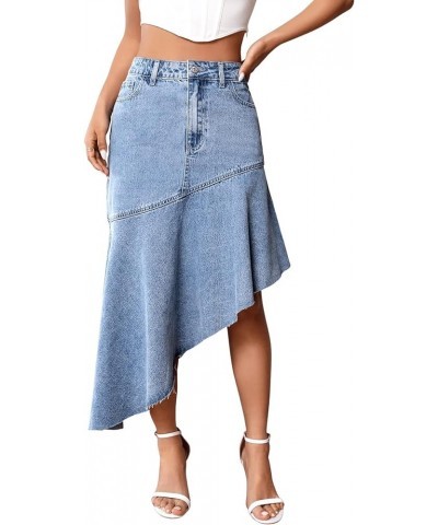 Women's Casual High Waist Asymmetrical Raw Hem Button Front Long Denim Skirts Light Wash $18.89 Skirts