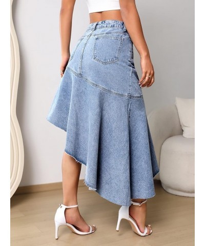 Women's Casual High Waist Asymmetrical Raw Hem Button Front Long Denim Skirts Light Wash $18.89 Skirts