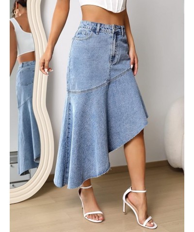 Women's Casual High Waist Asymmetrical Raw Hem Button Front Long Denim Skirts Light Wash $18.89 Skirts