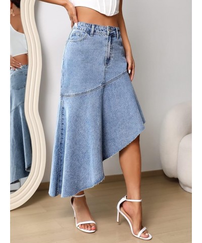 Women's Casual High Waist Asymmetrical Raw Hem Button Front Long Denim Skirts Light Wash $18.89 Skirts