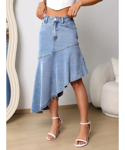 Women's Casual High Waist Asymmetrical Raw Hem Button Front Long Denim Skirts Light Wash $18.89 Skirts