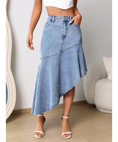 Women's Casual High Waist Asymmetrical Raw Hem Button Front Long Denim Skirts Light Wash $18.89 Skirts