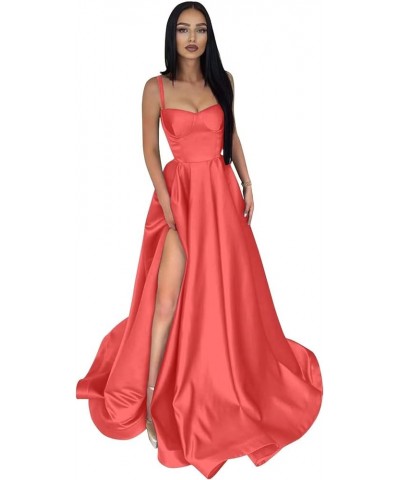 Satin Prom Dresses Long Ball Gown Spaghetti Straps Split A-Line Evening Party Dresses Coral $40.79 Dresses