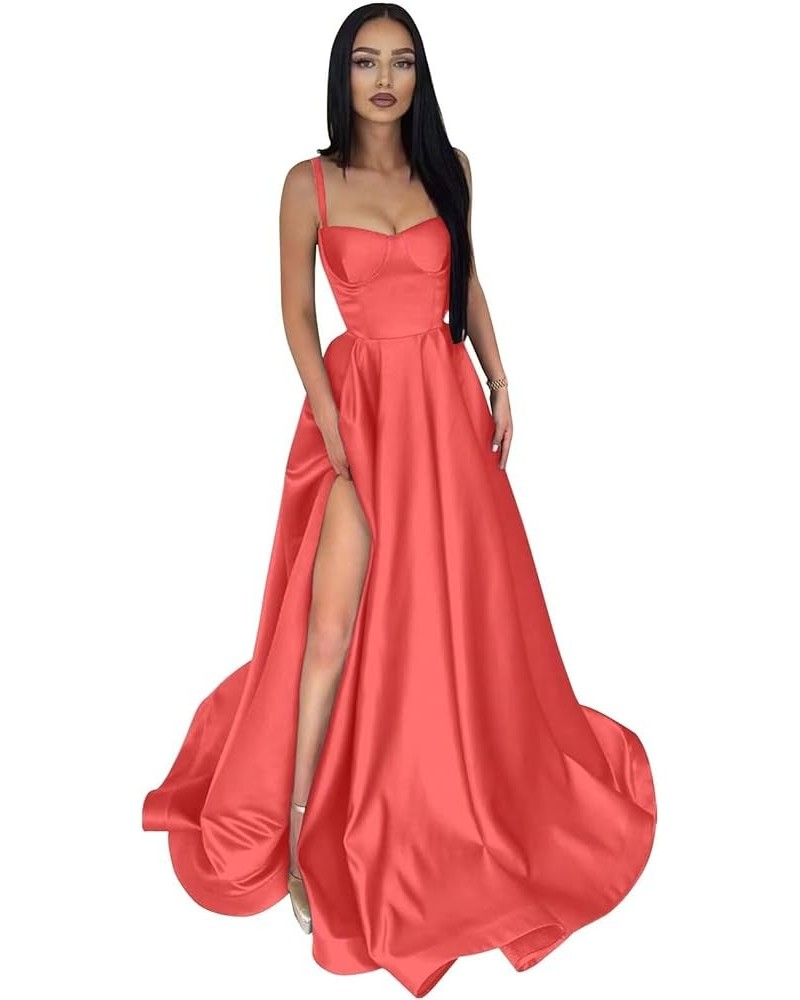 Satin Prom Dresses Long Ball Gown Spaghetti Straps Split A-Line Evening Party Dresses Coral $40.79 Dresses