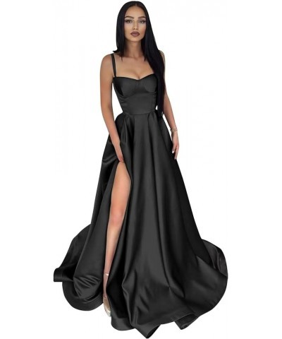 Satin Prom Dresses Long Ball Gown Spaghetti Straps Split A-Line Evening Party Dresses Coral $40.79 Dresses