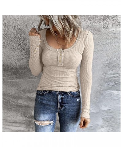 Women's Long Sleeve Henley Tshirts Button Down Slim Fit Casual Basic Tops Blouse Scoop Neck Ribbed Knit Shirts A3-beige $3.75...