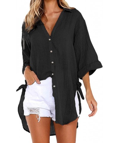 Womens Casual Cotton Linen Shirts Plus Size Baggy High Low Blouse Mid-Long Shirts Oversized V Neck Work Plain Tops … Black $1...