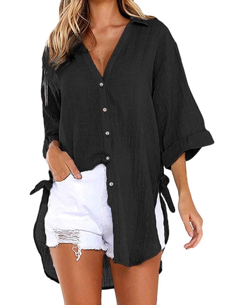 Womens Casual Cotton Linen Shirts Plus Size Baggy High Low Blouse Mid-Long Shirts Oversized V Neck Work Plain Tops … Black $1...