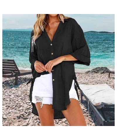 Womens Casual Cotton Linen Shirts Plus Size Baggy High Low Blouse Mid-Long Shirts Oversized V Neck Work Plain Tops … Black $1...