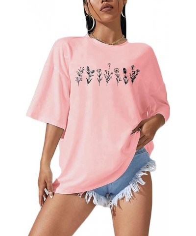 Women Drop Shoulder Floral Plants Graphic Print Oversized Tee Shirt Round Neck Short Sleeve Casual T Shirt Top Pink $15.59 Tops