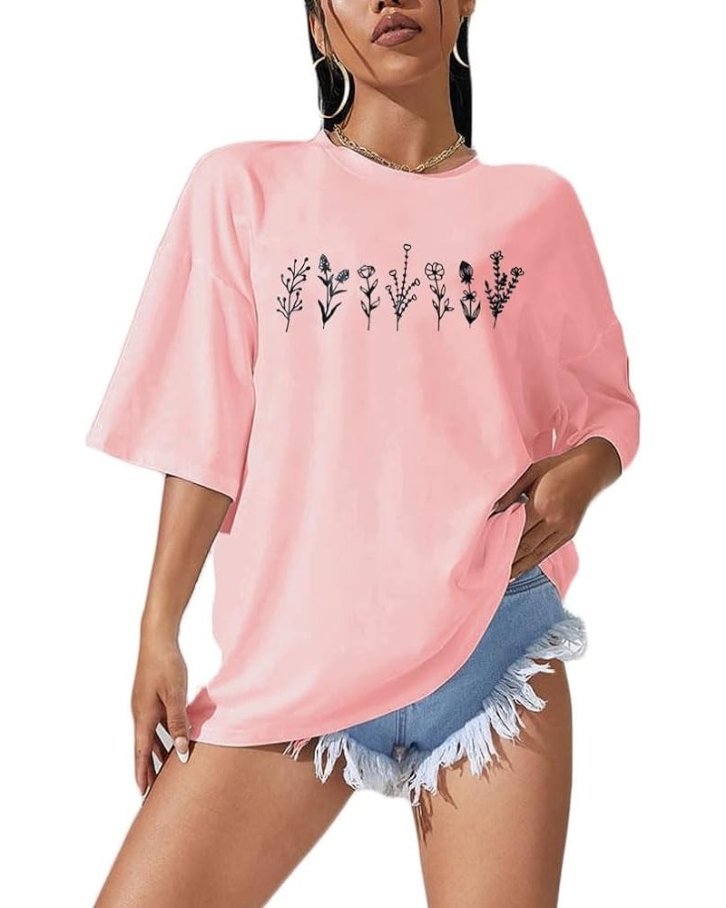 Women Drop Shoulder Floral Plants Graphic Print Oversized Tee Shirt Round Neck Short Sleeve Casual T Shirt Top Pink $15.59 Tops