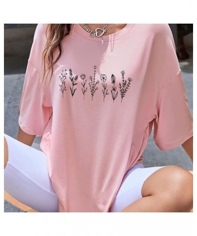 Women Drop Shoulder Floral Plants Graphic Print Oversized Tee Shirt Round Neck Short Sleeve Casual T Shirt Top Pink $15.59 Tops