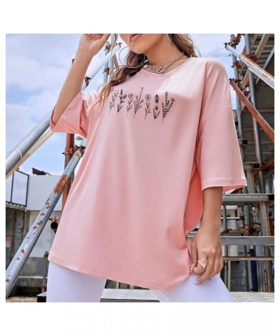 Women Drop Shoulder Floral Plants Graphic Print Oversized Tee Shirt Round Neck Short Sleeve Casual T Shirt Top Pink $15.59 Tops