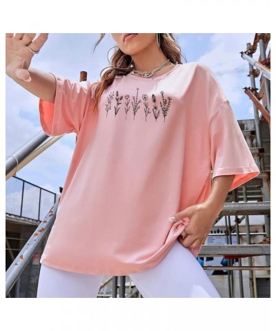 Women Drop Shoulder Floral Plants Graphic Print Oversized Tee Shirt Round Neck Short Sleeve Casual T Shirt Top Pink $15.59 Tops