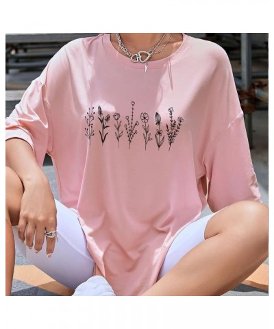 Women Drop Shoulder Floral Plants Graphic Print Oversized Tee Shirt Round Neck Short Sleeve Casual T Shirt Top Pink $15.59 Tops