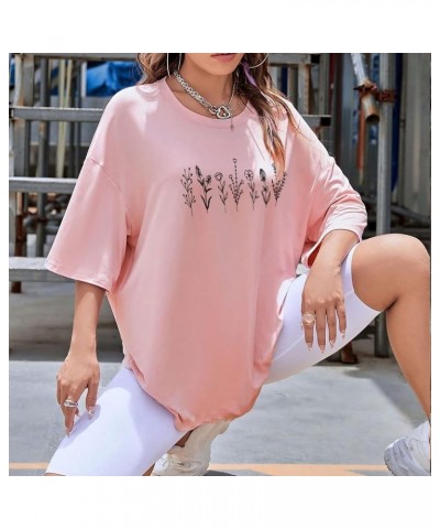 Women Drop Shoulder Floral Plants Graphic Print Oversized Tee Shirt Round Neck Short Sleeve Casual T Shirt Top Pink $15.59 Tops