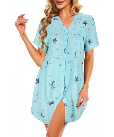 Womens Nightgowns Cartoon Printed Sleep Shirts Cotton Night Gowns Casual Sleepwear Cute Pajamas Long Sleepdress Z Green Star ...
