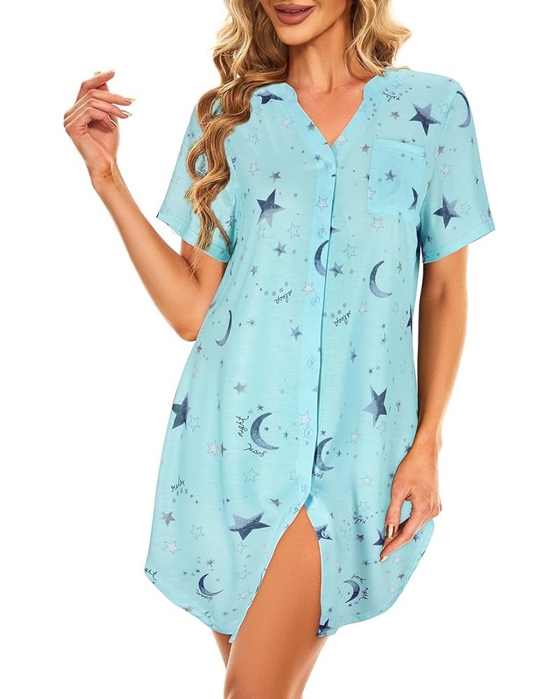 Womens Nightgowns Cartoon Printed Sleep Shirts Cotton Night Gowns Casual Sleepwear Cute Pajamas Long Sleepdress Z Green Star ...