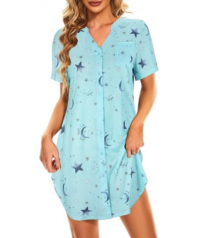 Womens Nightgowns Cartoon Printed Sleep Shirts Cotton Night Gowns Casual Sleepwear Cute Pajamas Long Sleepdress Z Green Star ...