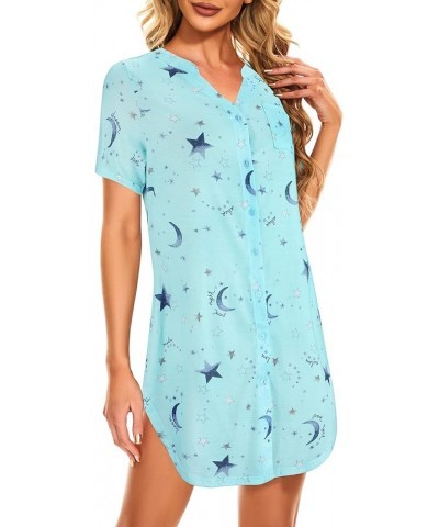 Womens Nightgowns Cartoon Printed Sleep Shirts Cotton Night Gowns Casual Sleepwear Cute Pajamas Long Sleepdress Z Green Star ...