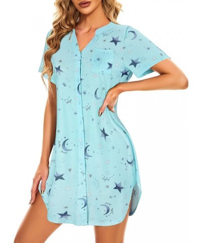 Womens Nightgowns Cartoon Printed Sleep Shirts Cotton Night Gowns Casual Sleepwear Cute Pajamas Long Sleepdress Z Green Star ...