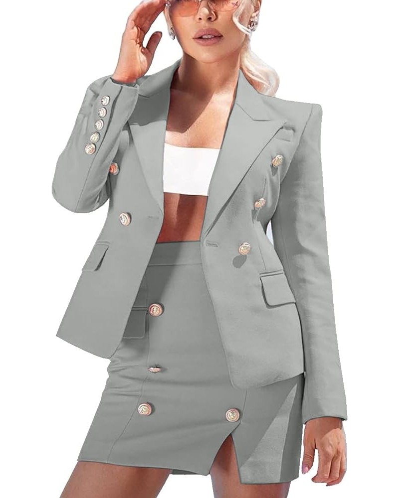 Womens Suits Split Mini Skirt Set Two Piece Outfits Notch Lapel Fashion Suits (Blazer+Skirt) Silver $27.00 Suits