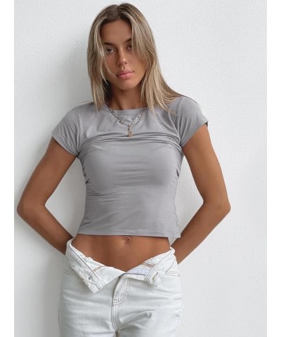 Women Short Sleeve Shirts Crewneck Slim Fitted Cute T Shirt Stretchy Bodycon Basic Tee Tops Light Grey $10.50 Tops