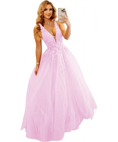 Women's Deep V Neck Lace Prom Ball Gown 3D Flower Tulle Formal Evening Dresses YMS240 Pink $34.40 Dresses