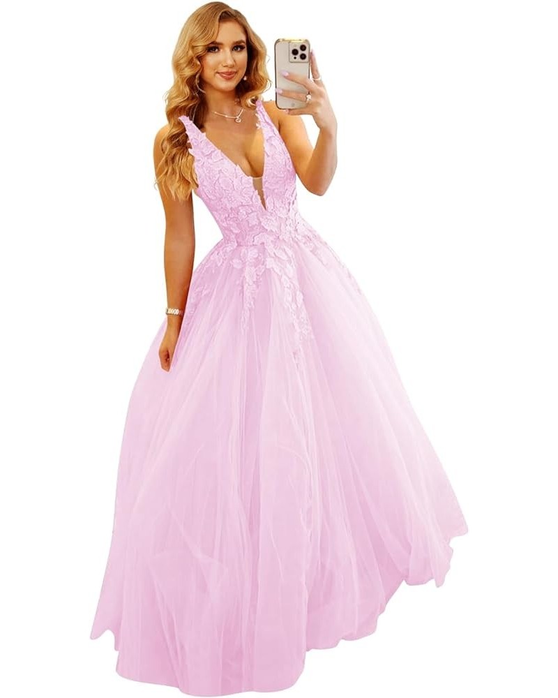 Women's Deep V Neck Lace Prom Ball Gown 3D Flower Tulle Formal Evening Dresses YMS240 Pink $34.40 Dresses