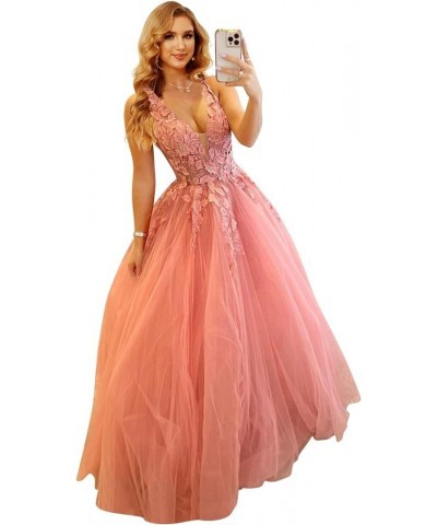 Women's Deep V Neck Lace Prom Ball Gown 3D Flower Tulle Formal Evening Dresses YMS240 Pink $34.40 Dresses