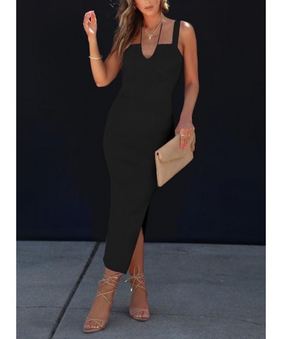 Womens Ribbed Knit Maxi Dresses Tie Straps V Neck Casual Formal Dress Summer Bodycon Dress with Side Slit Black $10.25 Dresses