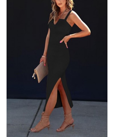 Womens Ribbed Knit Maxi Dresses Tie Straps V Neck Casual Formal Dress Summer Bodycon Dress with Side Slit Black $10.25 Dresses