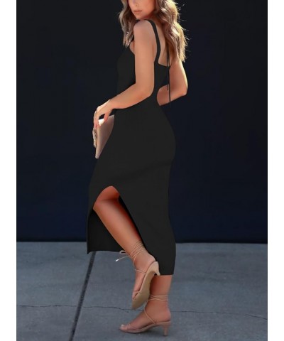 Womens Ribbed Knit Maxi Dresses Tie Straps V Neck Casual Formal Dress Summer Bodycon Dress with Side Slit Black $10.25 Dresses