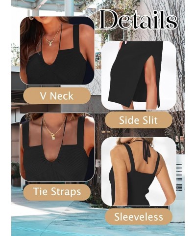 Womens Ribbed Knit Maxi Dresses Tie Straps V Neck Casual Formal Dress Summer Bodycon Dress with Side Slit Black $10.25 Dresses