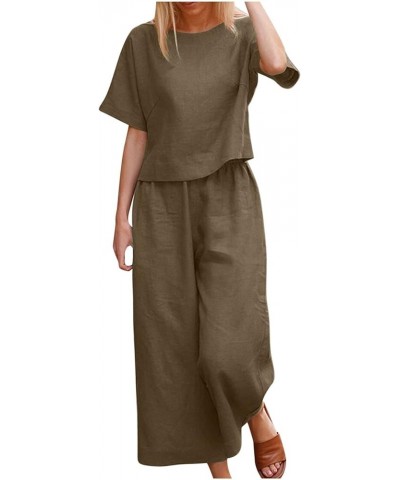 Women Linen Sets 2 Piece Outfits Summer Half Sleeve Irregular Hem Top Elastic Waist Loose Pants Lounge Matching Set A22khaki ...