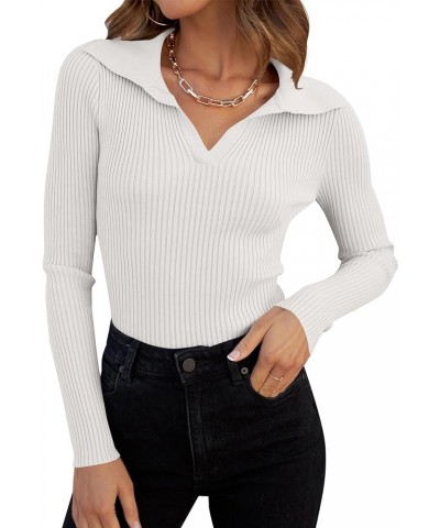 Women's Collar Neck Ribbed Knit Long Sleeve Slim Fitted Sweater Basic Tee Tops White $15.36 Sweaters