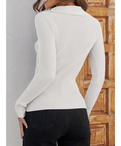 Women's Collar Neck Ribbed Knit Long Sleeve Slim Fitted Sweater Basic Tee Tops White $15.36 Sweaters