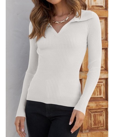 Women's Collar Neck Ribbed Knit Long Sleeve Slim Fitted Sweater Basic Tee Tops White $15.36 Sweaters