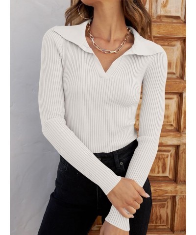 Women's Collar Neck Ribbed Knit Long Sleeve Slim Fitted Sweater Basic Tee Tops White $15.36 Sweaters