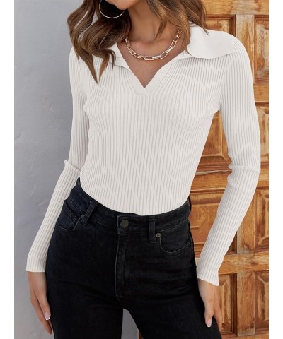 Women's Collar Neck Ribbed Knit Long Sleeve Slim Fitted Sweater Basic Tee Tops White $15.36 Sweaters